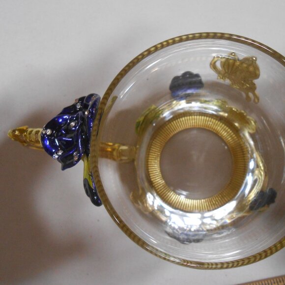 BEAUTIFUL GLASS ARC OF FRANCE DECORATIVE BUTTERFLY CUP MUG BLUE ROSE CLEAR STONE - Picture 7 of 9
